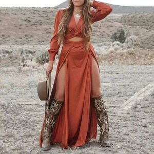 Womens V-Neck Long Sleeve Double Slit Maxi Dress Size Medium Burnt Orange